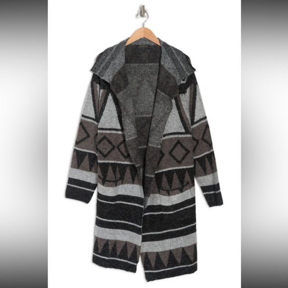 Joseph Abboud- NWOT - Drape Collar Open-Front Long Cardigan - Grey Geo Stripe - Picture 1 of 8